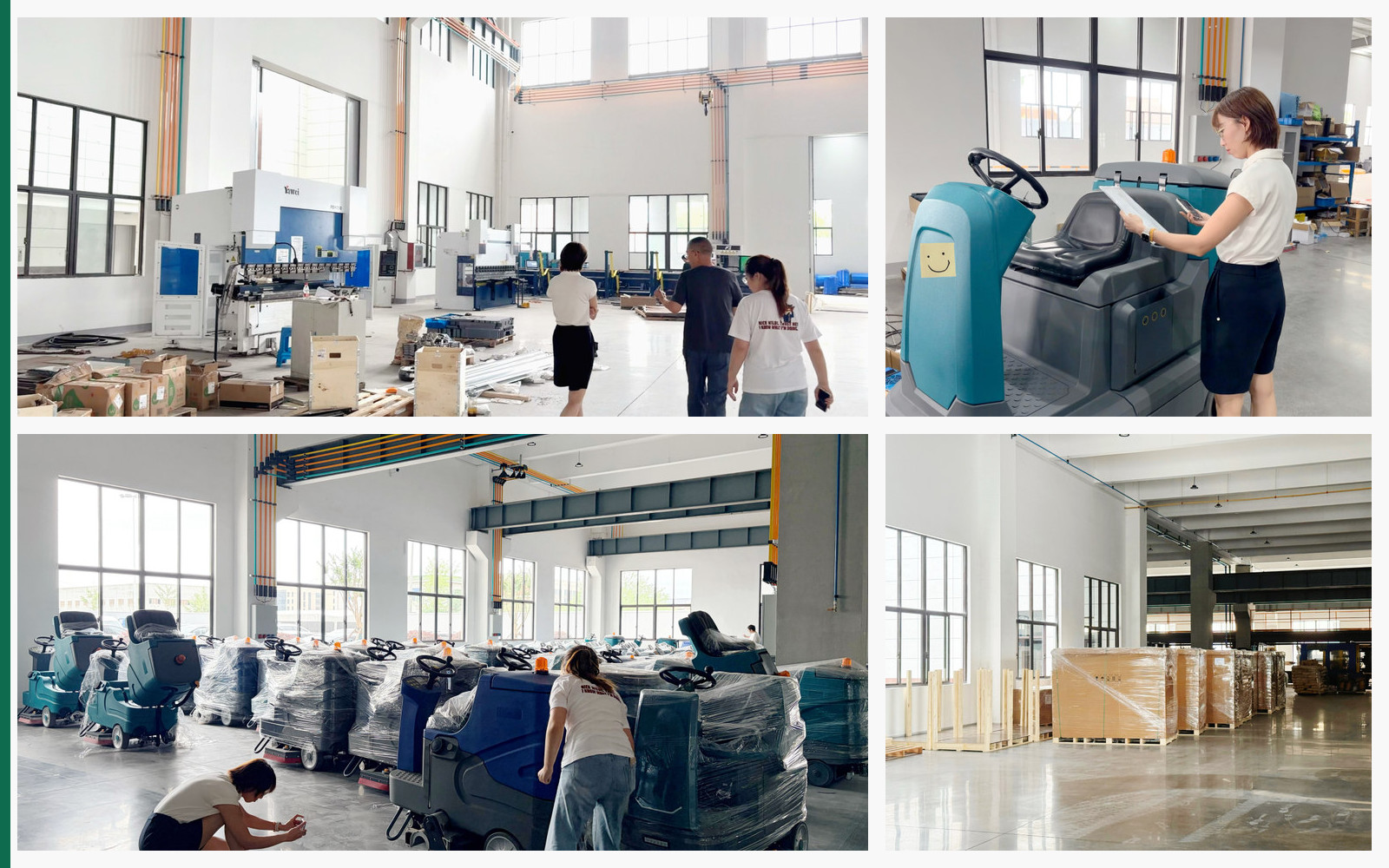 PIMOLINK team visiting the floor scrubber factory, inspecting machines, checking specifications, and verifying packed units