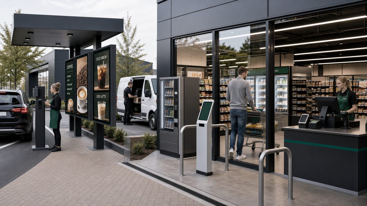 Commercial operation equipment including drive thru menu board kiosk and retail service system