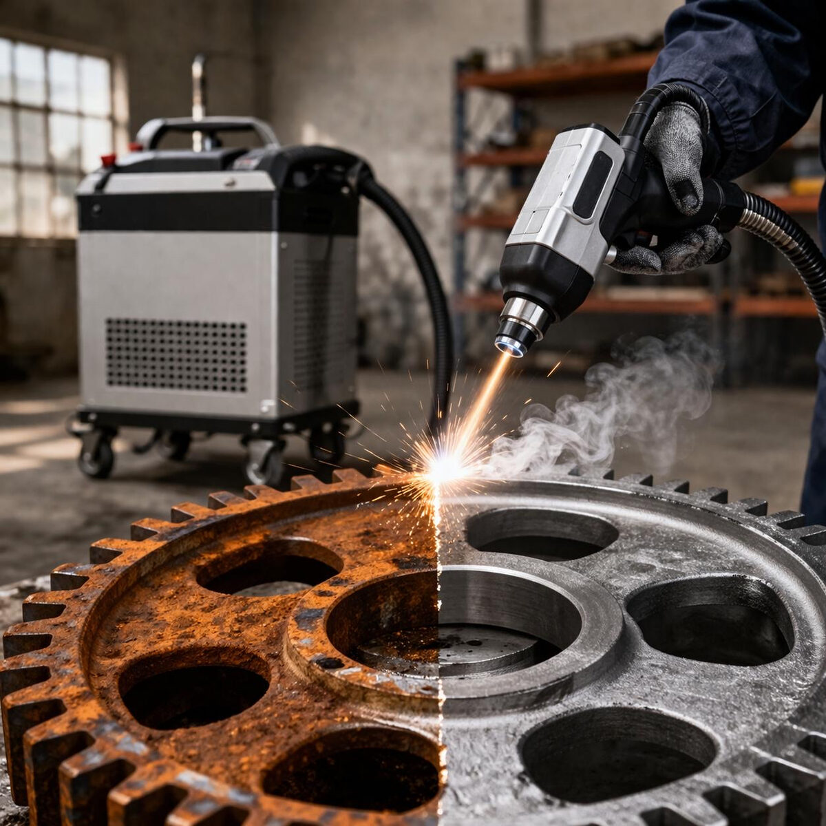 Handheld laser cleaning machine removing rust from an industrial gear, showing the cleaned metal surface