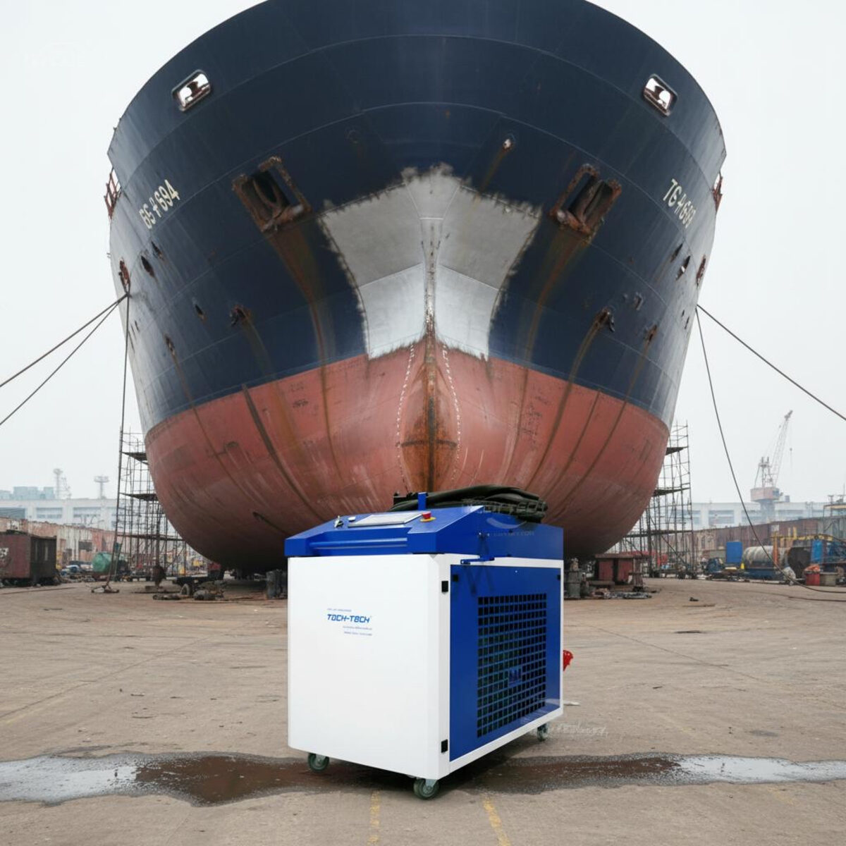 High-power continuous laser cleaning machine in a shipyard for ship hull rust removal