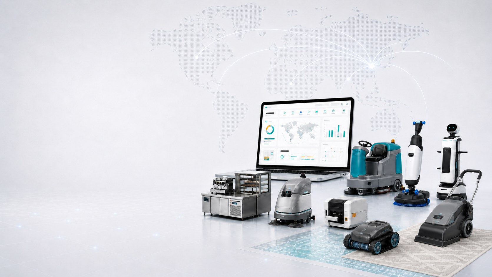 Full range of commercial cleaning equipment sourced from China — scrubbers, sweepers, vacuums, and ride-on machines