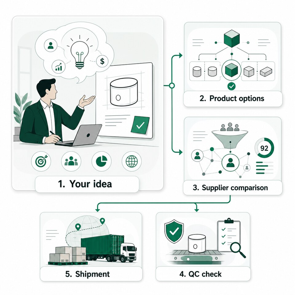 China sourcing process from product idea to supplier comparison, QC check and shipment